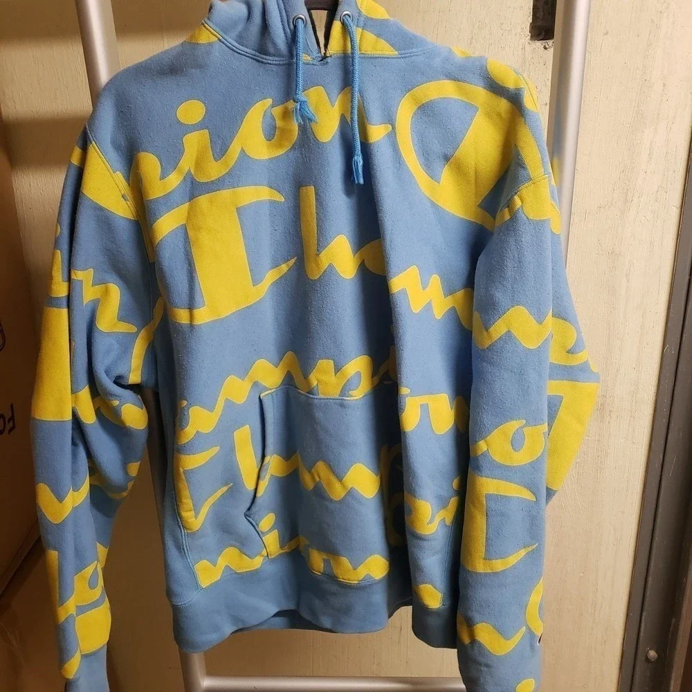 Champion Reverse Weave Hoodie Mens XL Blue Yellow All Over Script Logo Retro 90s